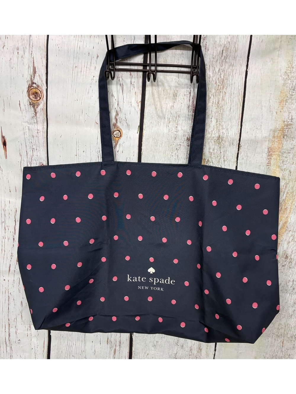 Kate Spade New York XL Reusable Shopping Tote Bag Navy Pink Polka Dot EUC
